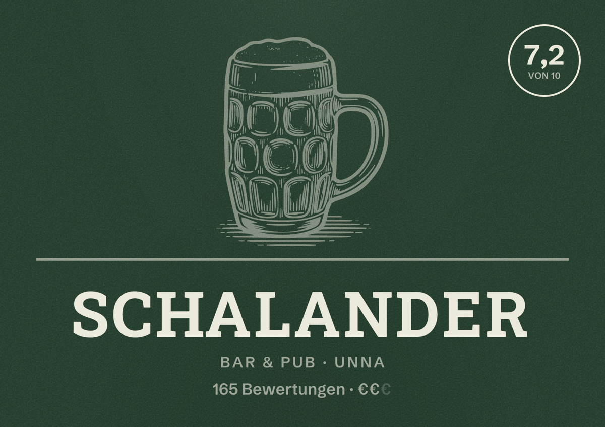 Illustriertes Poster von Schalander, Bar & Pub in Unna: Bewertung 7,2 von 10 aus 165 Bewertungen, Preisniveau €€