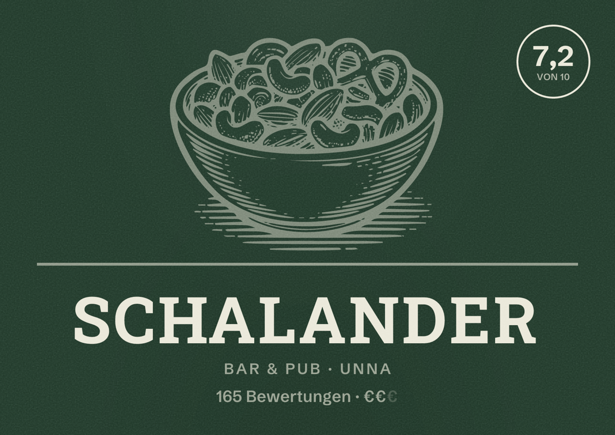 Illustriertes Poster von Schalander, Bar & Pub in Unna: Bewertung 7,2 von 10 aus 165 Bewertungen, Preisniveau €€