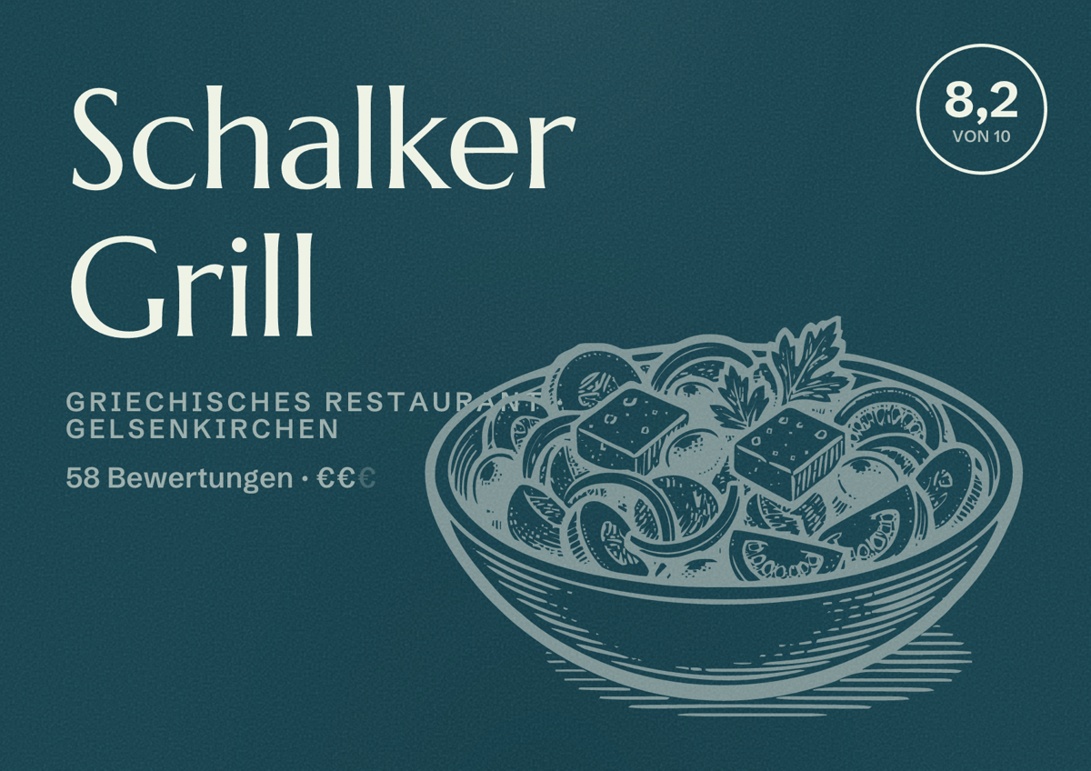 Illustriertes Poster von Schalker Grill, Griechisches Restaurant in Gelsenkirchen: Bewertung 8,2 von 10 aus 58 Bewertungen, Preisniveau €€