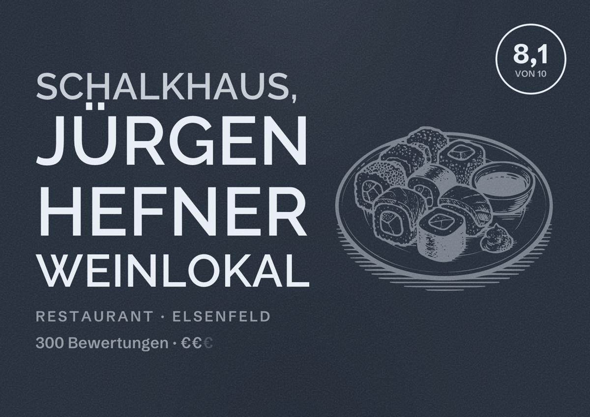 Illustriertes Poster von Schalkhaus, Jürgen Hefner Weinlokal, Restaurant in Elsenfeld: Bewertung 8,1 von 10 aus 300 Bewertungen, Preisniveau €€