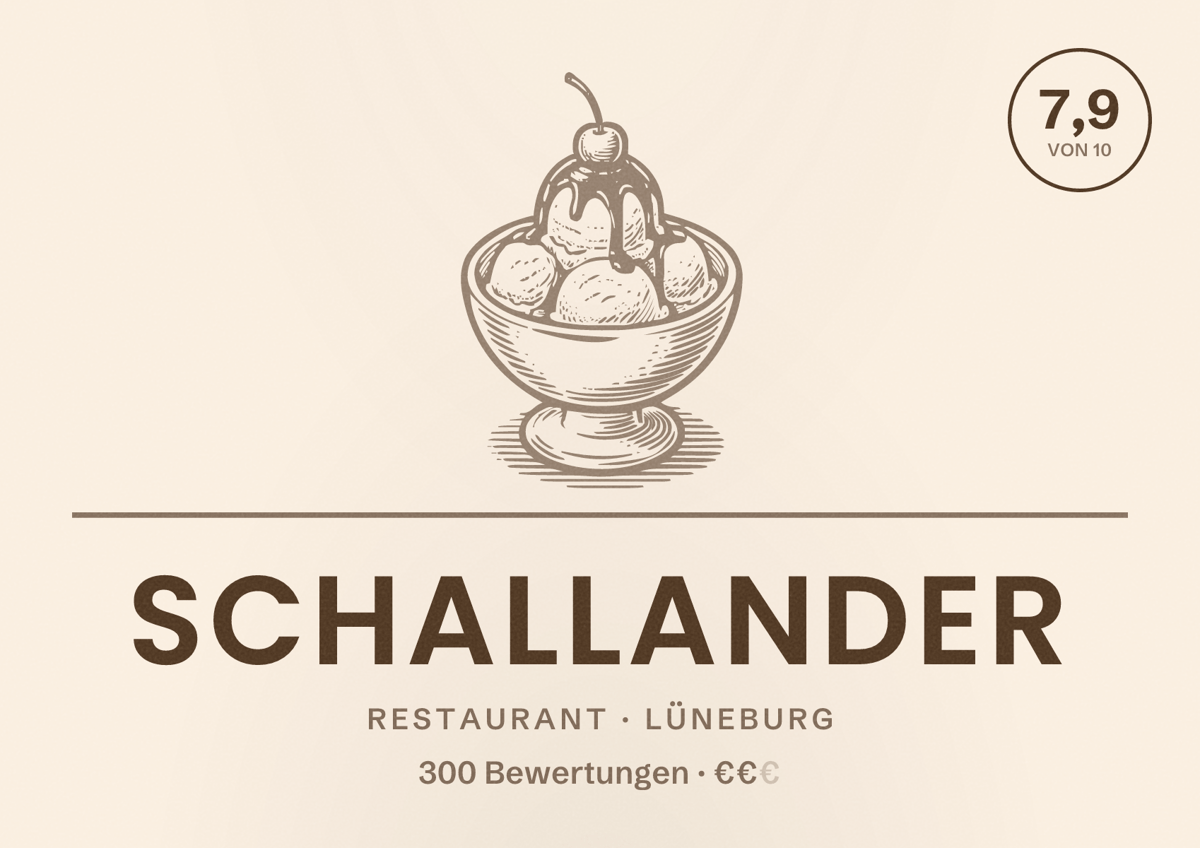 Illustriertes Poster von Schallander, Restaurant in Lüneburg: Bewertung 7,9 von 10 aus 300 Bewertungen, Preisniveau €€