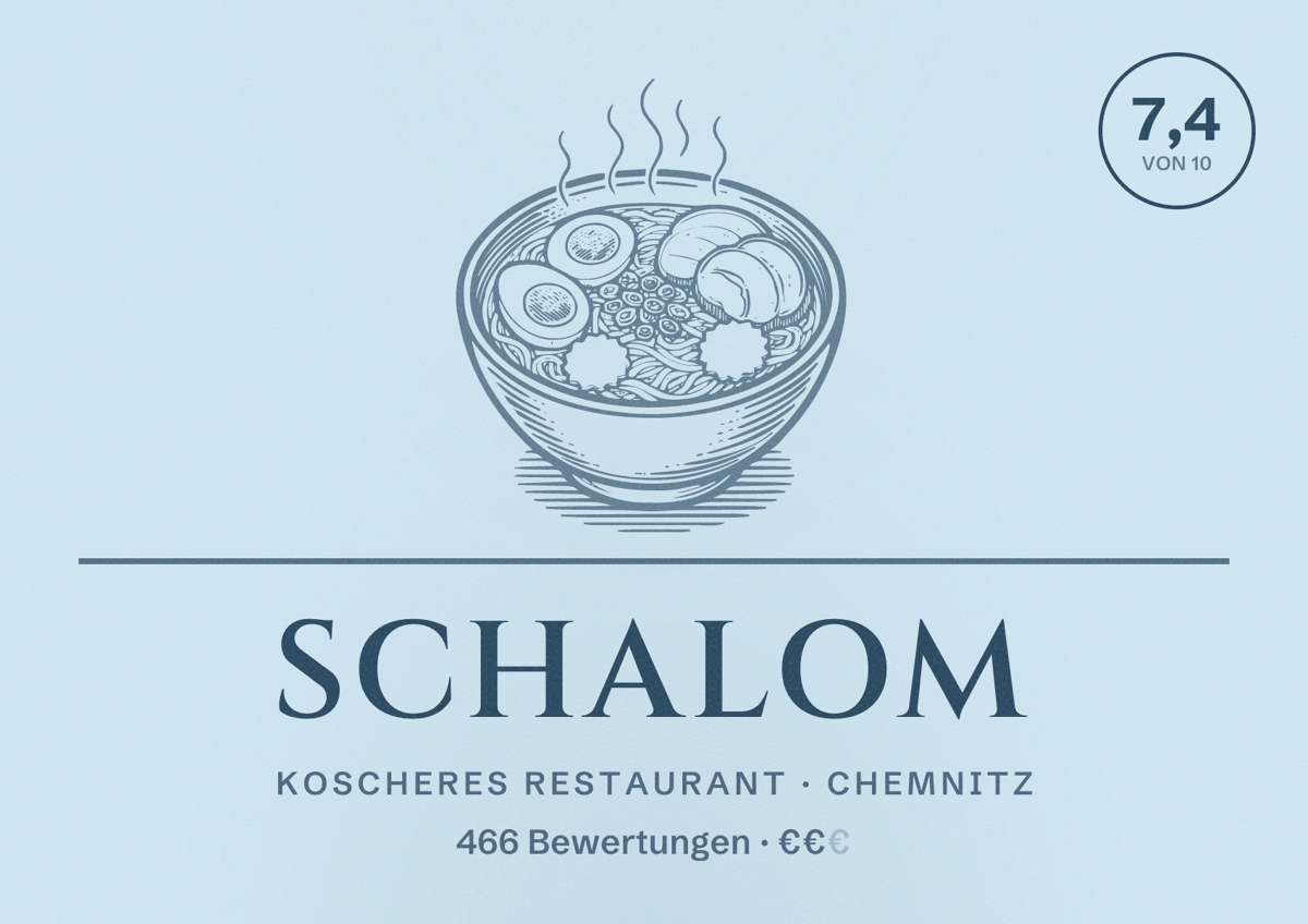 Illustriertes Poster von Schalom, Koscheres Restaurant in Chemnitz: Bewertung 7,4 von 10 aus 466 Bewertungen, Preisniveau €€