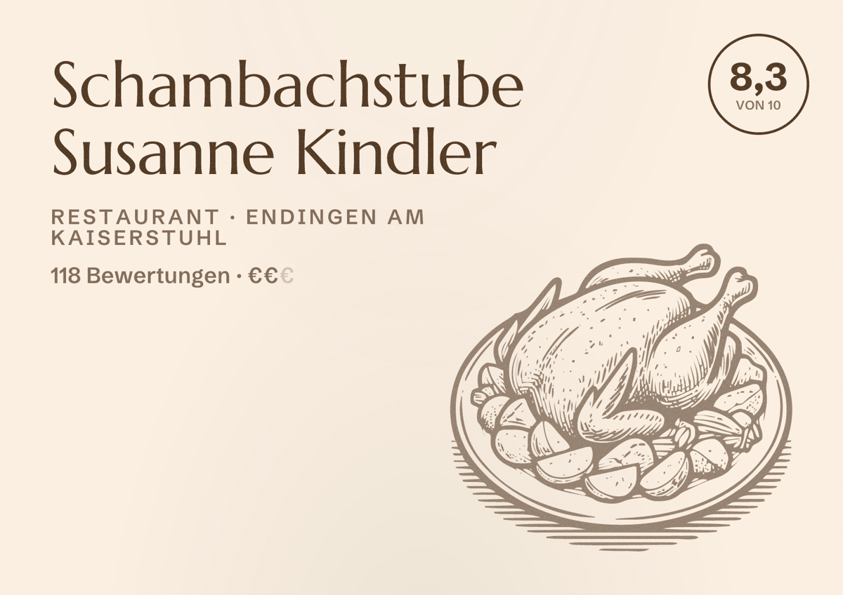 Illustriertes Poster von Schambachstube Susanne Kindler, Restaurant in Endingen am Kaiserstuhl: Bewertung 8,3 von 10 aus 118 Bewertungen, Preisniveau €€