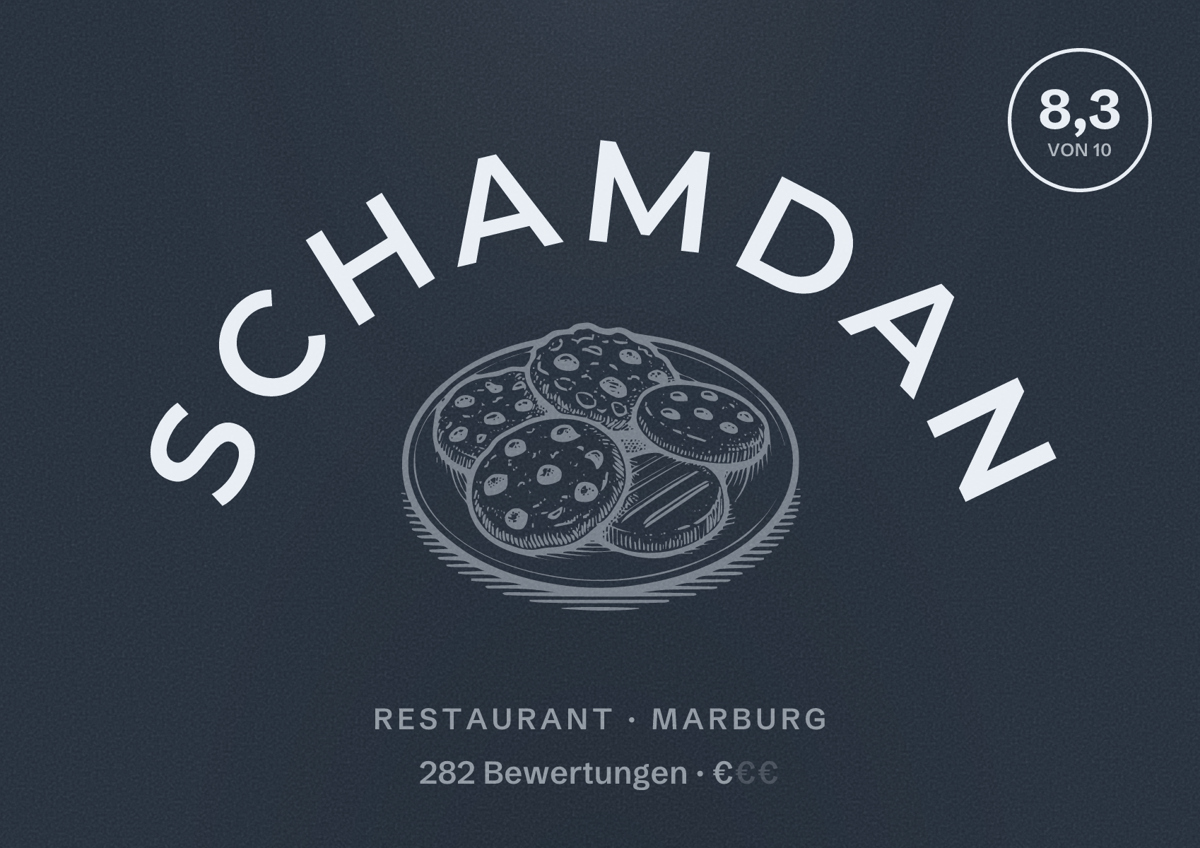 Illustriertes Poster von Schamdan, Restaurant in Marburg: Bewertung 8,3 von 10 aus 282 Bewertungen, Preisniveau €
