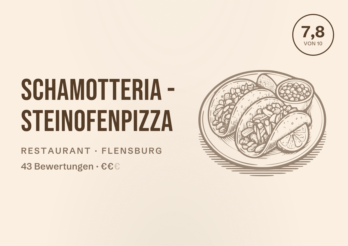 Illustriertes Poster von SCHAMOTTERIA - Steinofenpizza, Restaurant in Flensburg: Bewertung 7,8 von 10 aus 43 Bewertungen, Preisniveau €€