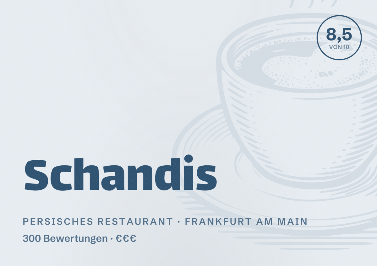 Illustriertes Poster von Schandis, Persisches Restaurant in Frankfurt am Main: Bewertung 8,5 von 10 aus 300 Bewertungen, Preisniveau €€€
