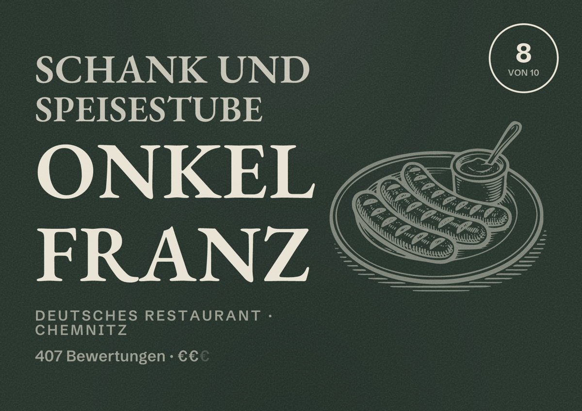 Illustriertes Poster von Schank und Speisestube Onkel Franz, Deutsches Restaurant in Chemnitz: Gästebewertung 8,0 von 10 aus 407 Bewertungen