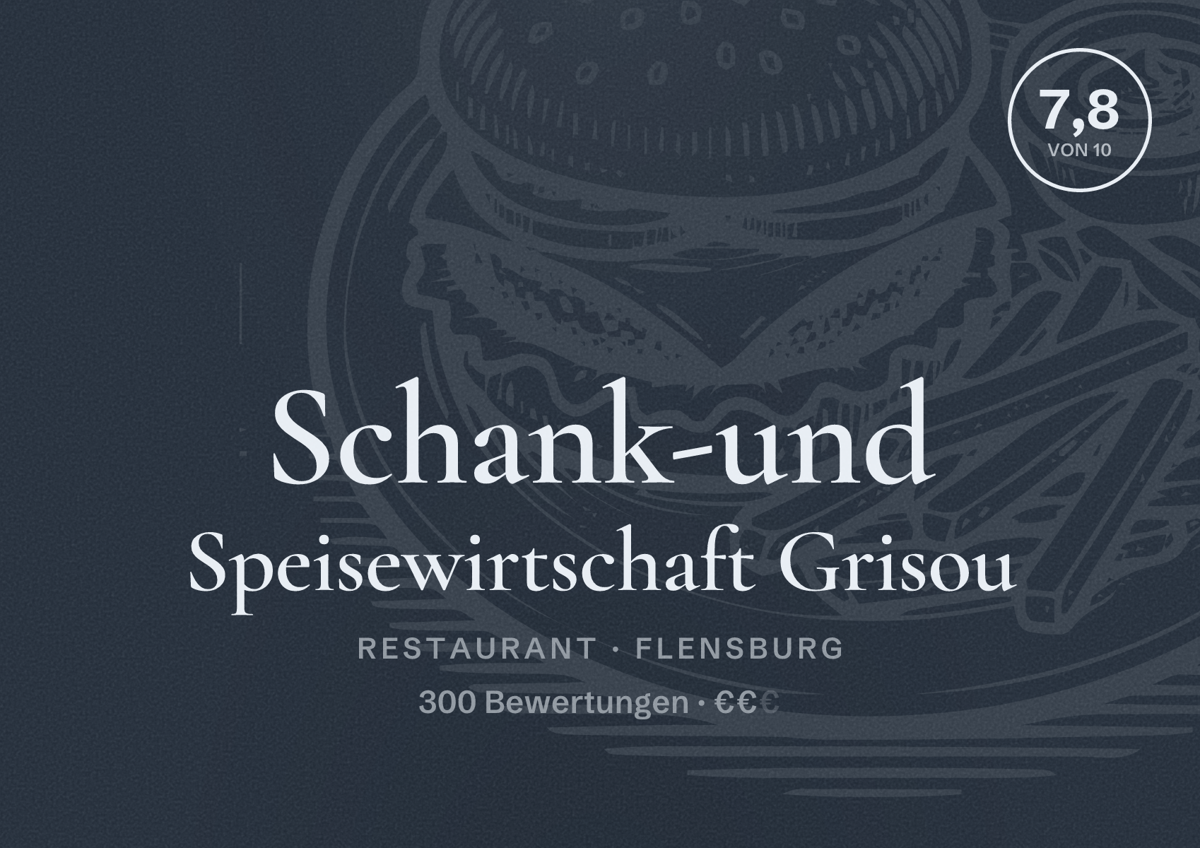 Illustriertes Poster von Schank-und Speisewirtschaft Grisou, Restaurant in Flensburg: Bewertung 7,8 von 10 aus 300 Bewertungen, Preisniveau €€