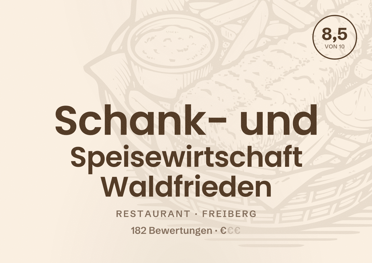 Illustriertes Poster von Schank- und Speisewirtschaft Waldfrieden, Restaurant in Freiberg: Bewertung 8,5 von 10 aus 182 Bewertungen, Preisniveau €