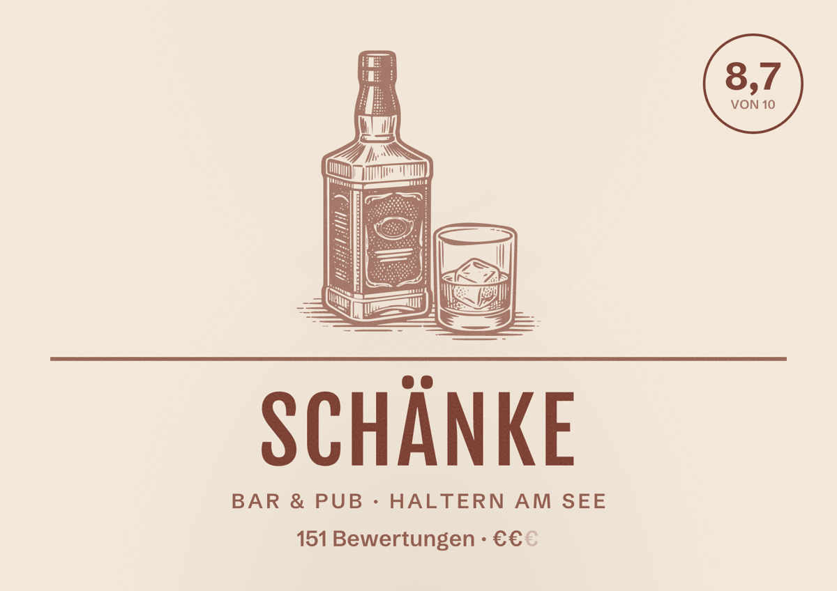 Illustriertes Poster von Schänke, Bar & Pub in Haltern am See: Bewertung 8,7 von 10 aus 151 Bewertungen, Preisniveau €€