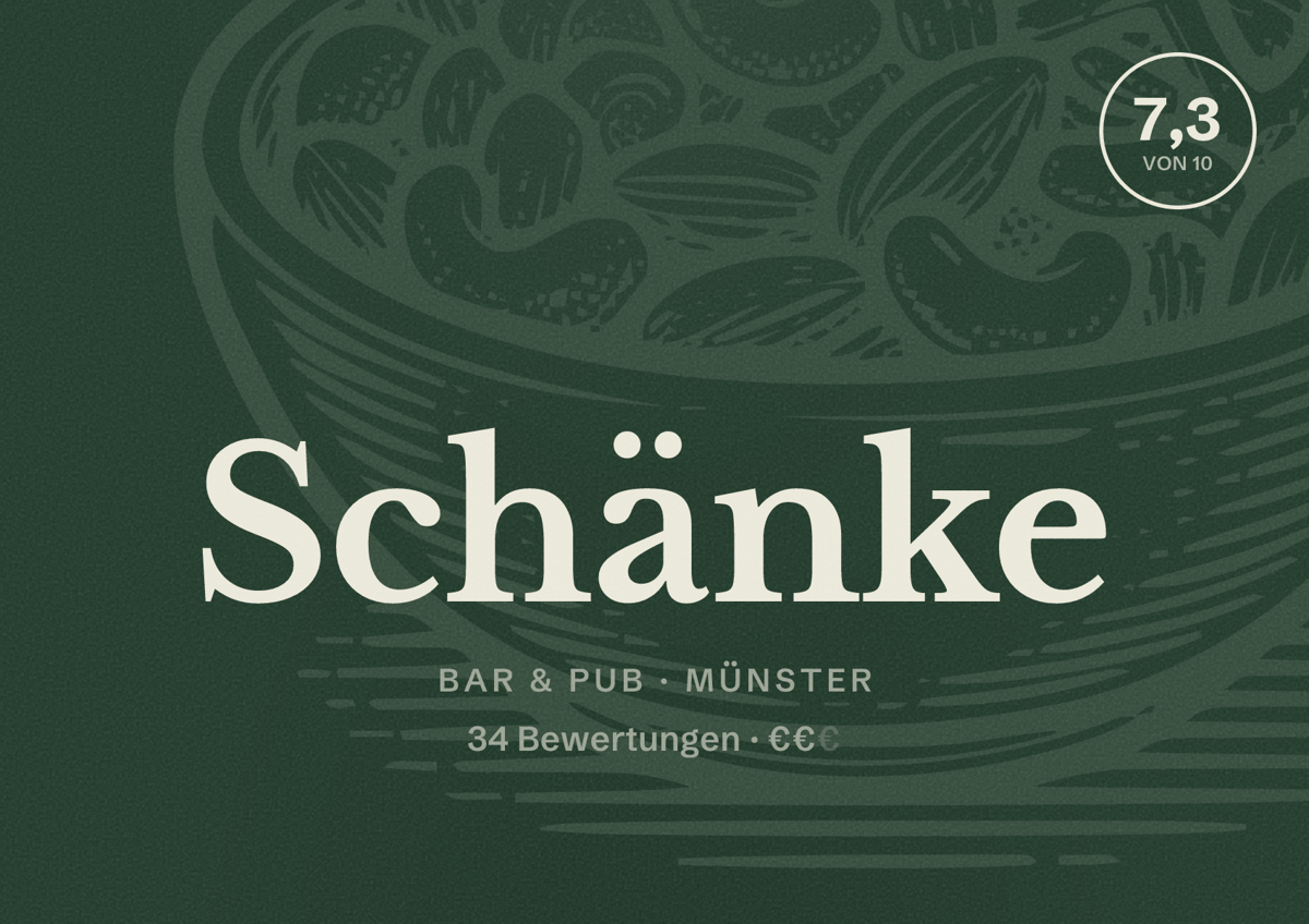 Illustriertes Poster von Schänke, Bar & Pub in Münster: Bewertung 7,3 von 10 aus 34 Bewertungen, Preisniveau €€