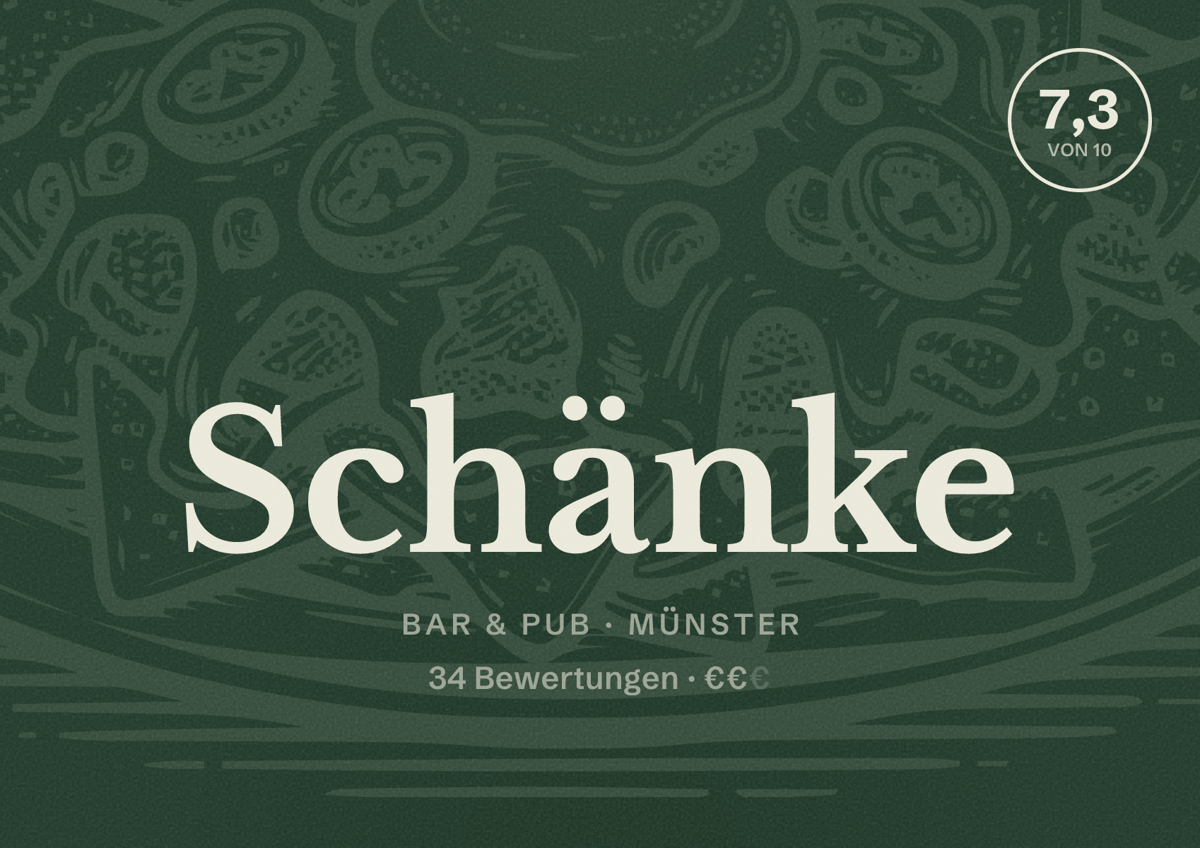 Illustriertes Poster von Schänke, Bar & Pub in Münster: Bewertung 7,3 von 10 aus 34 Bewertungen, Preisniveau €€
