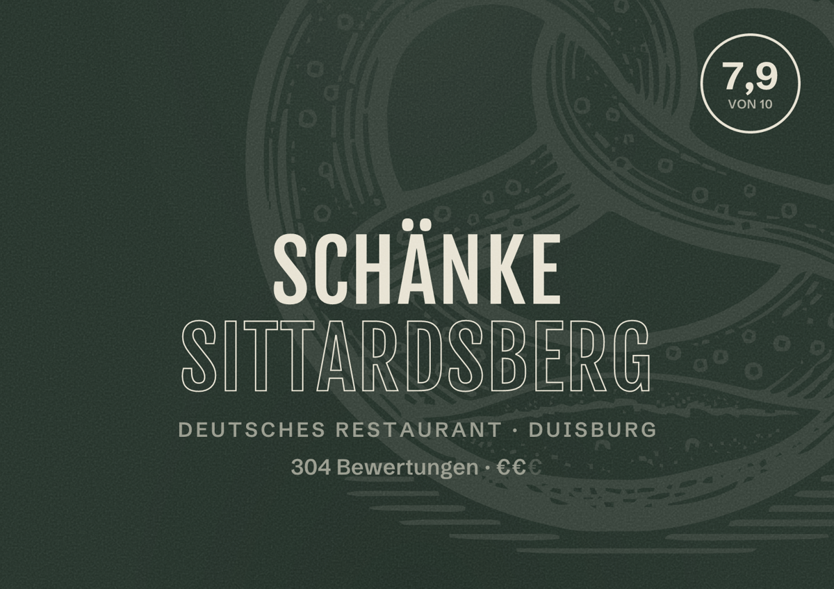 Illustriertes Poster von Schänke Sittardsberg, Deutsches Restaurant in Duisburg: Bewertung 7,9 von 10 aus 304 Bewertungen, Preisniveau €€
