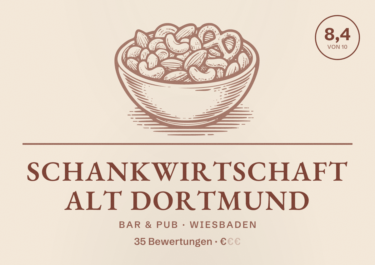 Illustriertes Poster von Schankwirtschaft Alt Dortmund, Bar & Pub in Wiesbaden: Bewertung 8,4 von 10 aus 35 Bewertungen, Preisniveau €