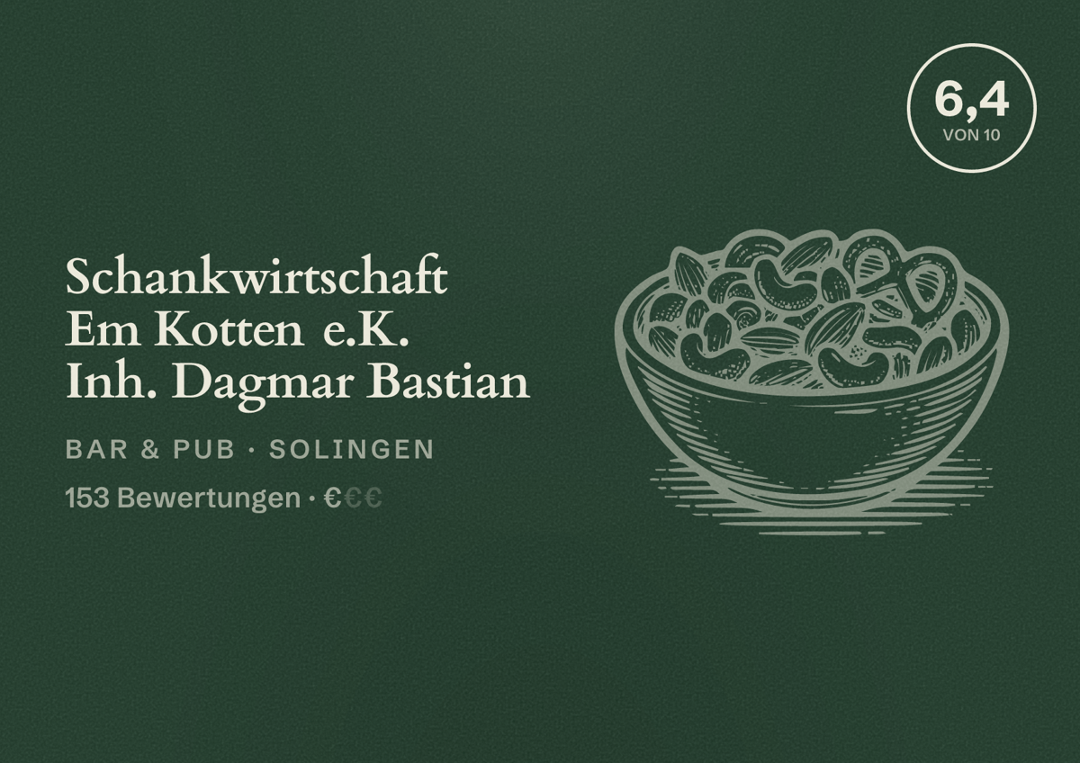 Illustriertes Poster von Schankwirtschaft Em Kotten e.K. Inh. Dagmar Bastian, Bar & Pub in Solingen: Bewertung 6,4 von 10 aus 153 Bewertungen, Preisniveau €