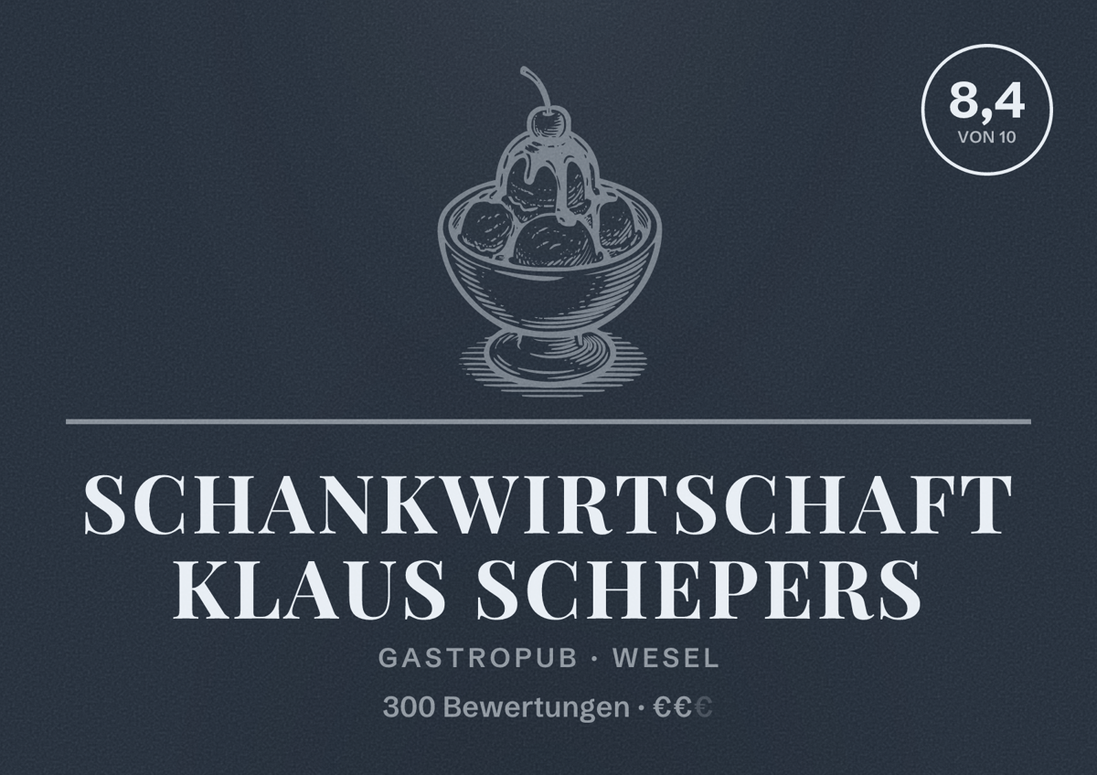 Illustriertes Poster von Schankwirtschaft Klaus Schepers, Gastropub in Wesel: Bewertung 8,4 von 10 aus 300 Bewertungen, Preisniveau €€