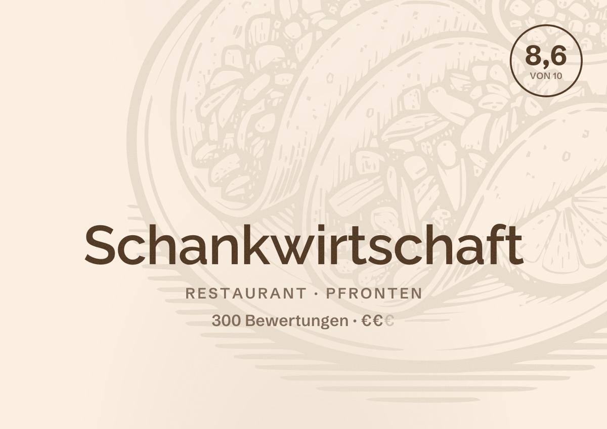 Illustriertes Poster von Schankwirtschaft, Restaurant in Pfronten: Bewertung 8,6 von 10 aus 300 Bewertungen, Preisniveau €€