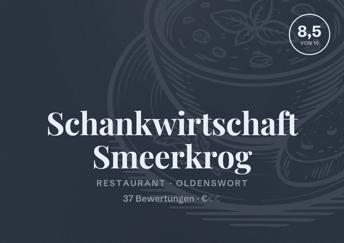 Illustriertes Poster von Schankwirtschaft Smeerkrog, Restaurant in Oldenswort: Bewertung 8,5 von 10 aus 37 Bewertungen, Preisniveau €