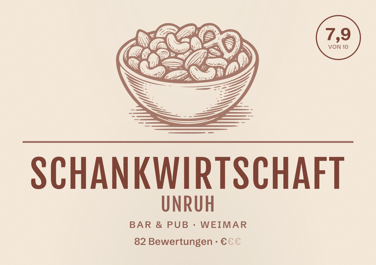 Illustriertes Poster von Schankwirtschaft Unruh, Bar & Pub in Weimar: Bewertung 7,9 von 10 aus 82 Bewertungen, Preisniveau €