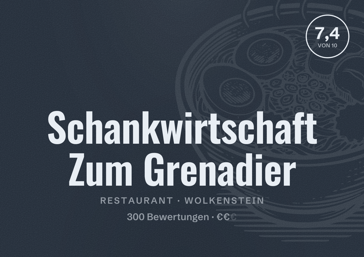 Illustriertes Poster von Schankwirtschaft Zum Grenadier, Restaurant in Wolkenstein: Bewertung 7,4 von 10 aus 300 Bewertungen, Preisniveau €€