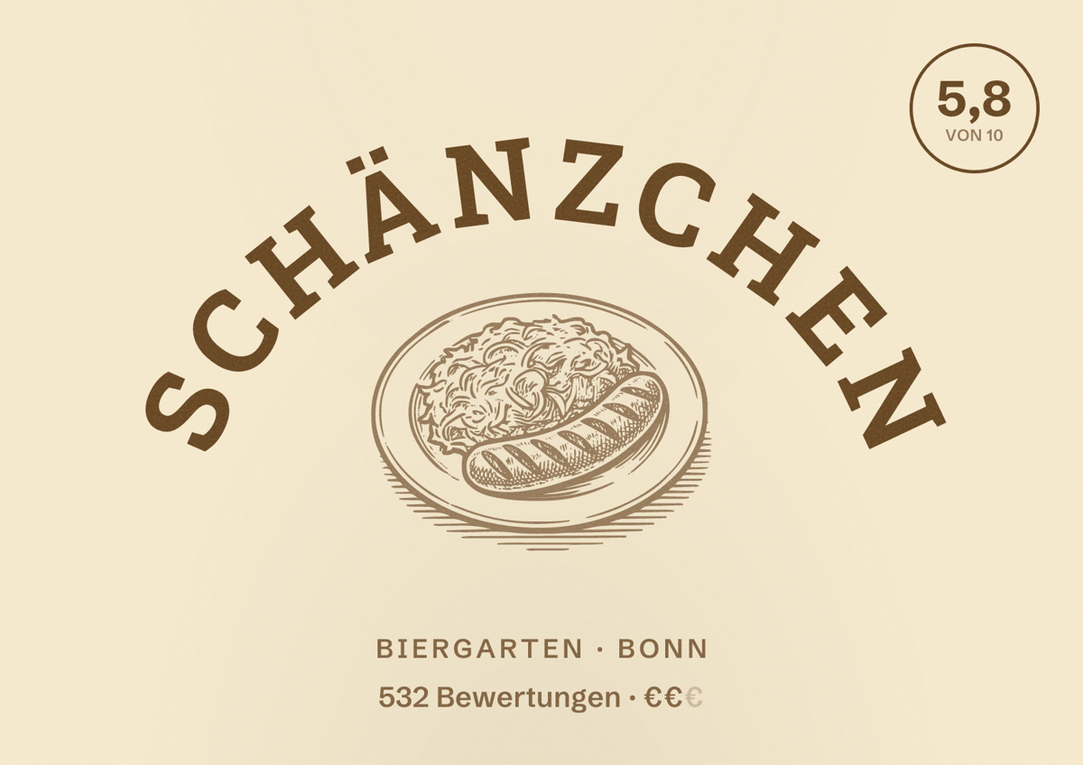 Illustriertes Poster von Schänzchen, Biergarten in Bonn: Bewertung 6,1 von 10 aus 287 Bewertungen, Preisniveau €