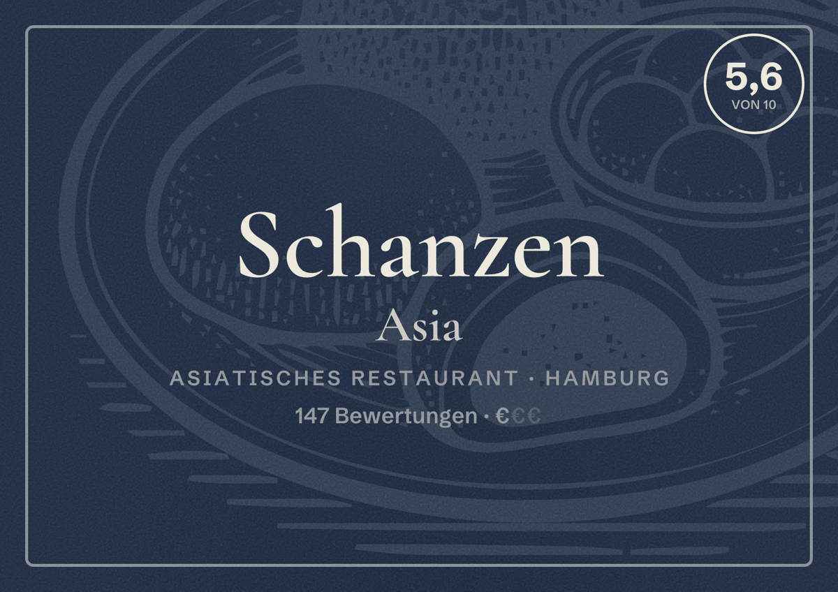 Illustriertes Poster von Schanzen Asia, Asiatisches Restaurant in Hamburg: Bewertung 5,6 von 10 aus 147 Bewertungen, Preisniveau €