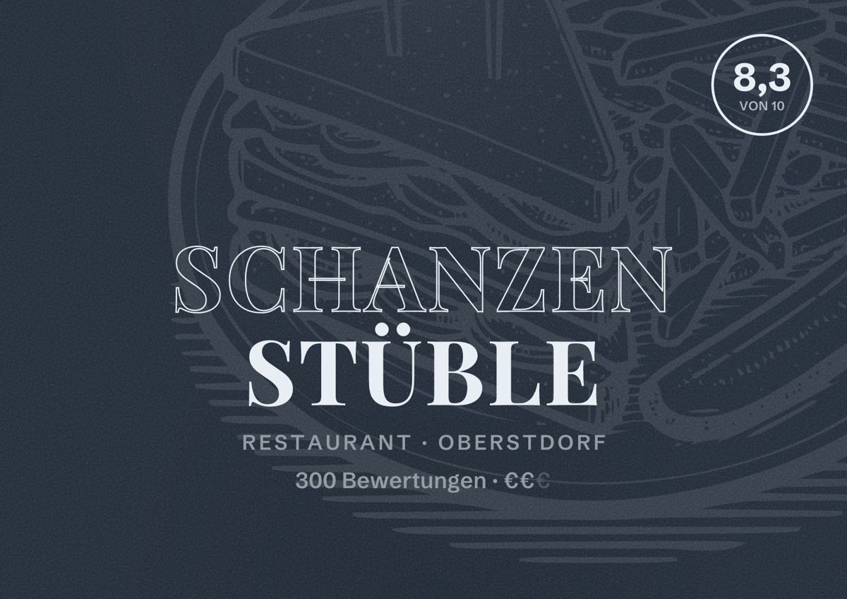 Illustriertes Poster von Schanzen Stüble, Restaurant in Oberstdorf: Bewertung 8,3 von 10 aus 300 Bewertungen, Preisniveau €€