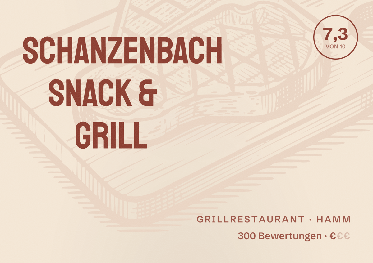 Illustriertes Poster von Schanzenbach Snack & Grill, Grillrestaurant in Hamm: Bewertung 7,3 von 10 aus 300 Bewertungen, Preisniveau €