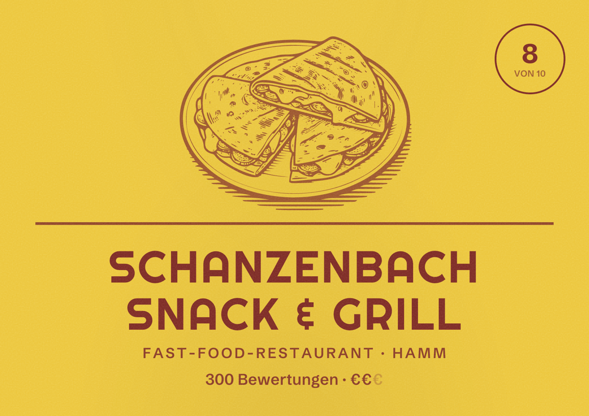 Illustriertes Poster von Schanzenbach Snack & Grill, Fast-Food-Restaurant in Hamm: Bewertung 8 von 10 aus 300 Bewertungen, Preisniveau €€