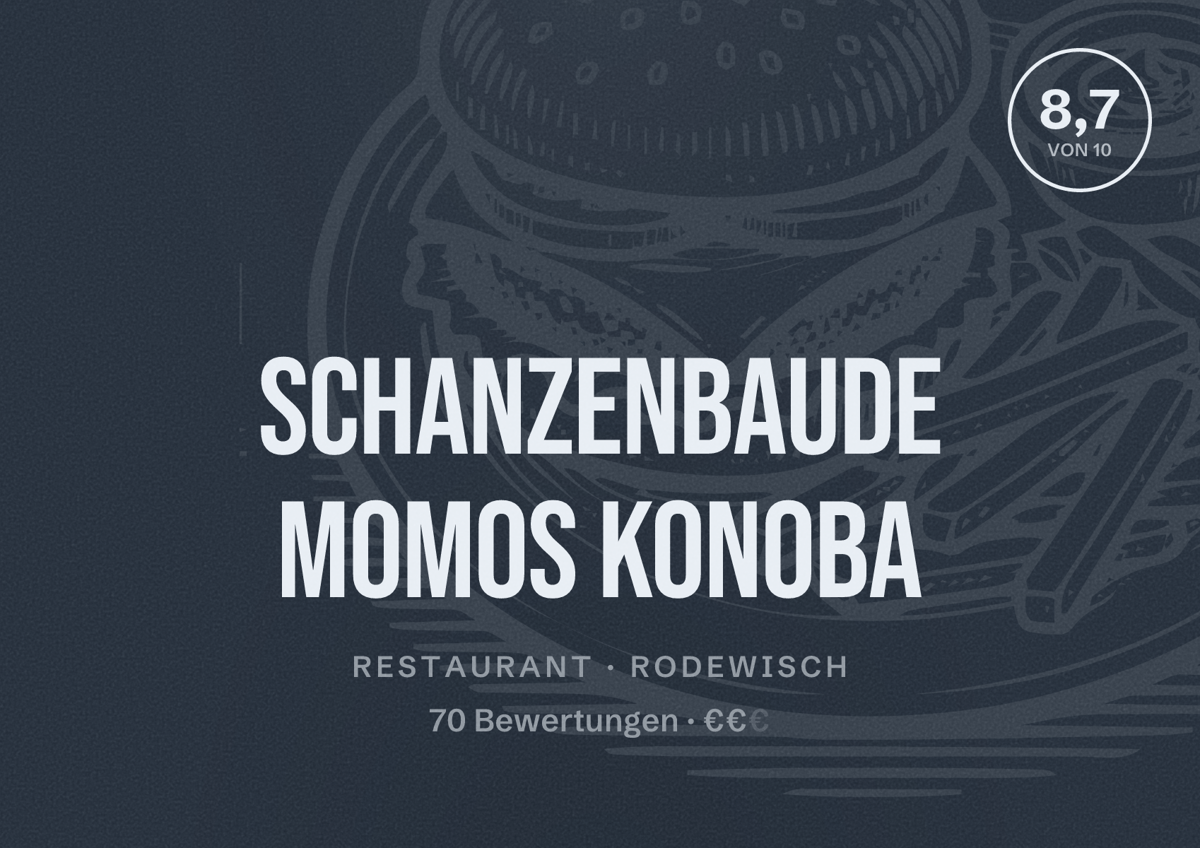 Illustriertes Poster von Schanzenbaude Momos Konoba, Restaurant in Rodewisch: Bewertung 8,7 von 10 aus 70 Bewertungen, Preisniveau €€