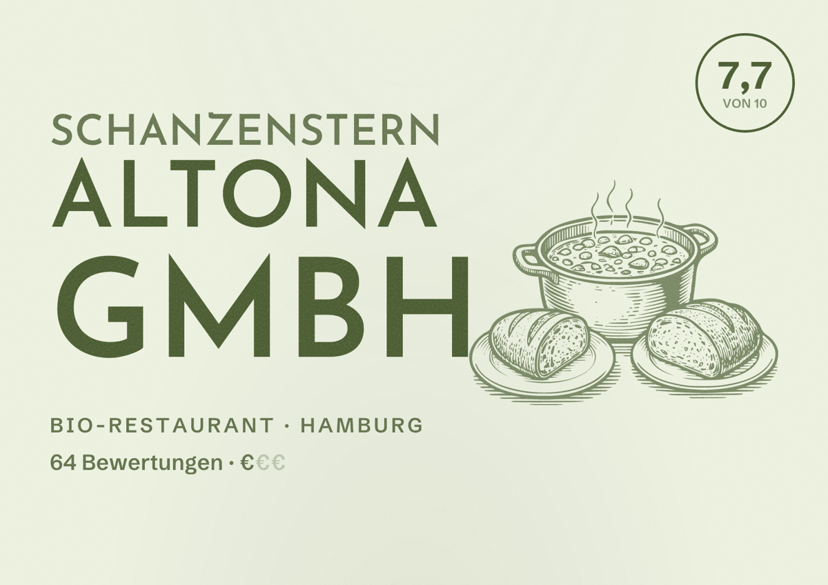 Illustriertes Poster von Schanzenstern Altona GmbH, Bio-Restaurant in Hamburg: Bewertung 7,7 von 10 aus 64 Bewertungen, Preisniveau €