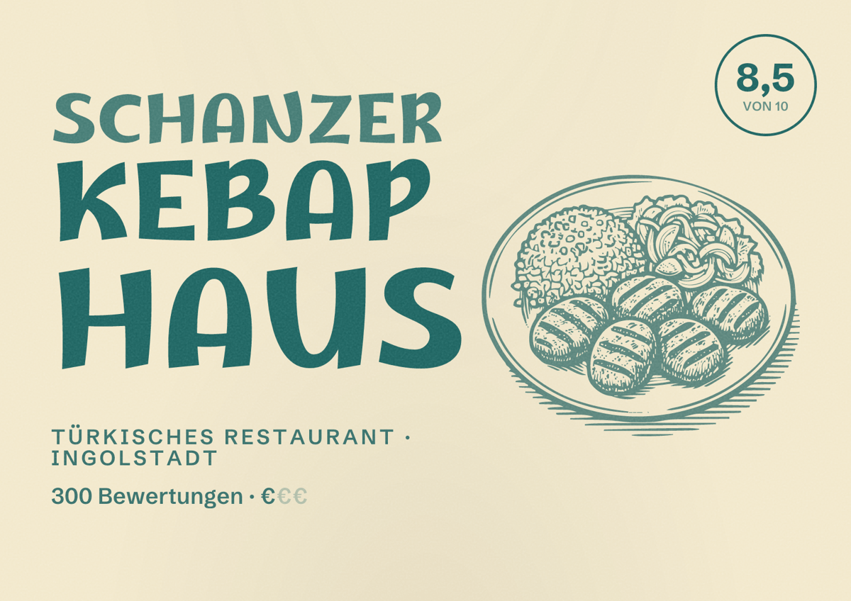Illustriertes Poster von Schanzer Kebap Haus, Türkisches Restaurant in Ingolstadt: Bewertung 8,5 von 10 aus 300 Bewertungen, Preisniveau €