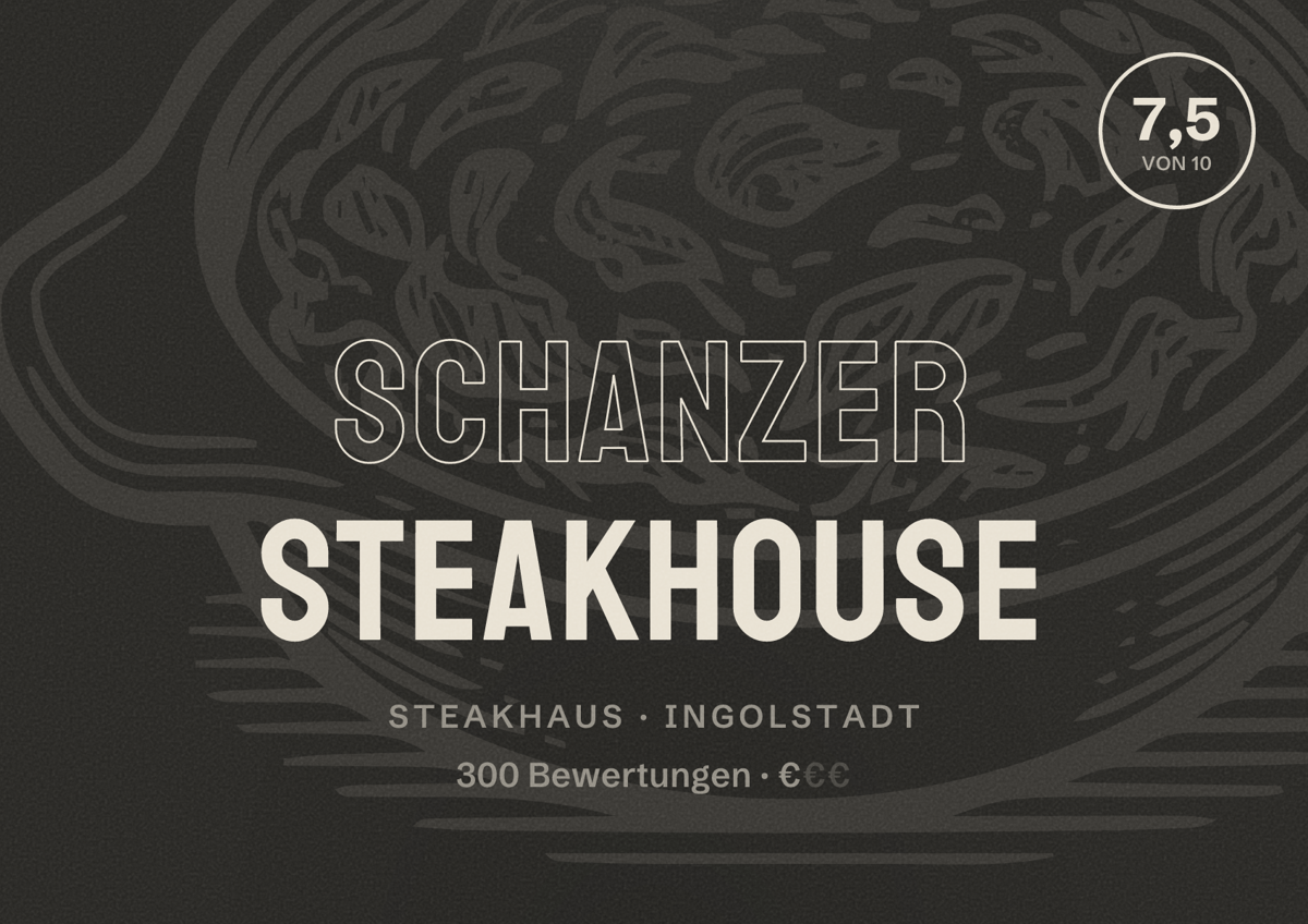 Illustriertes Poster von Schanzer Steakhouse, Steakhaus in Ingolstadt: Bewertung 7,5 von 10 aus 300 Bewertungen, Preisniveau €