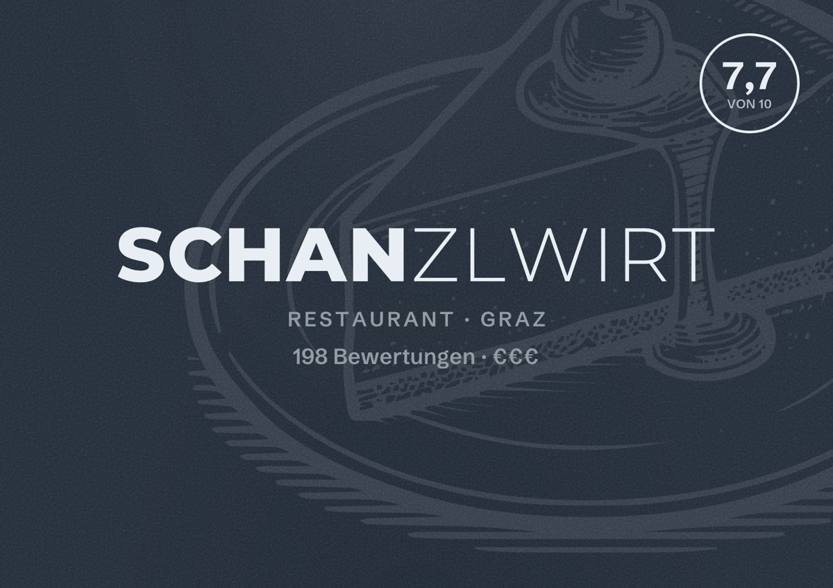 Illustriertes Poster von Schanzlwirt, Restaurant in Graz: Bewertung 7,7 von 10 aus 198 Bewertungen, Preisniveau €€€