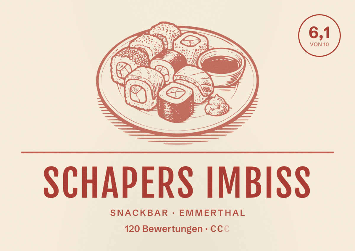 Illustriertes Poster von Schapers Imbiss, Snackbar in Emmerthal: Bewertung 6,1 von 10 aus 120 Bewertungen, Preisniveau €€