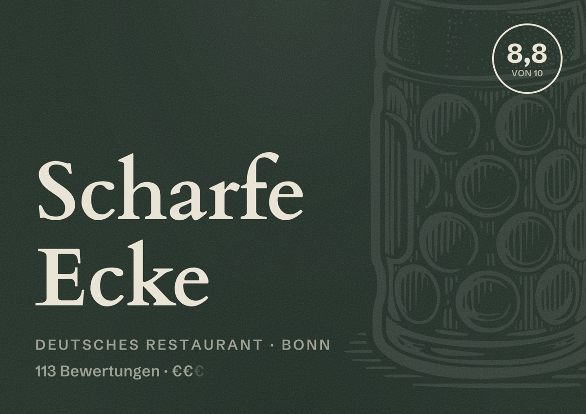 Illustriertes Poster von Scharfe Ecke, Deutsches Restaurant in Bonn: Bewertung 8,8 von 10 aus 113 Bewertungen, Preisniveau €€