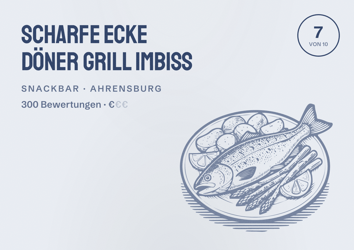 Illustriertes Poster von Scharfe Ecke Döner Grill Imbiss, Snackbar in Ahrensburg: Bewertung 7 von 10 aus 300 Bewertungen, Preisniveau €
