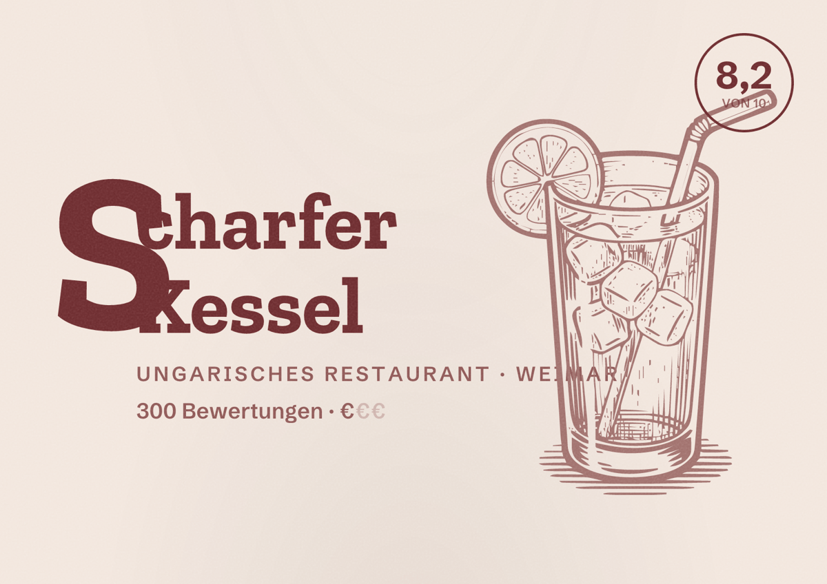 Illustriertes Poster von Scharfer Kessel, Ungarisches Restaurant in Weimar: Bewertung 8,2 von 10 aus 300 Bewertungen, Preisniveau €