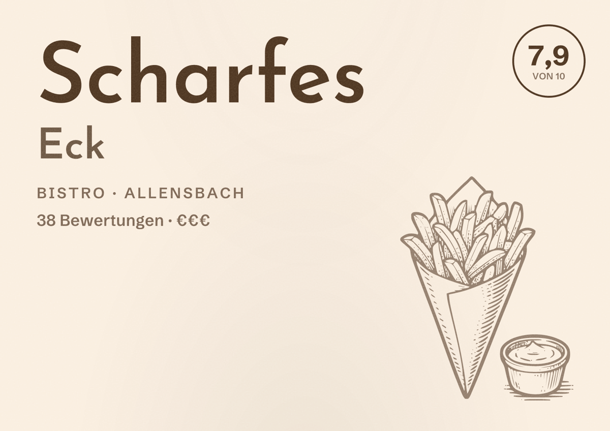 Illustriertes Poster von Scharfes Eck, Bistro in Allensbach: Bewertung 7,9 von 10 aus 38 Bewertungen, Preisniveau €€€