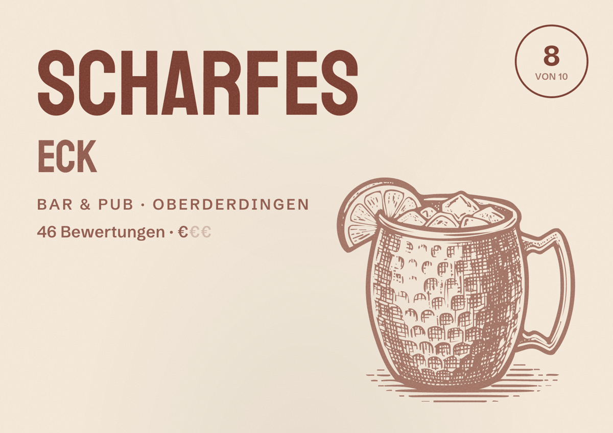 Illustriertes Poster von Scharfes Eck, Bar & Pub in Oberderdingen: Bewertung 8 von 10 aus 46 Bewertungen, Preisniveau €