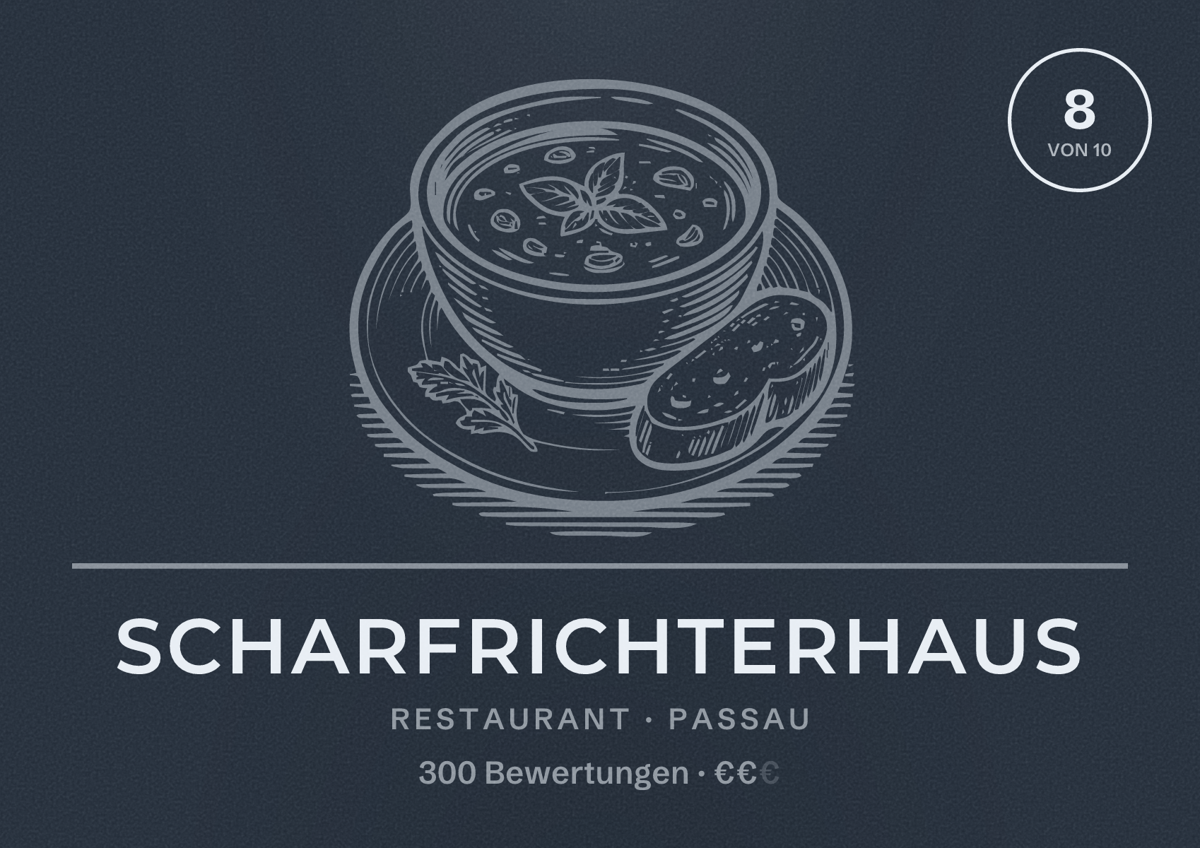 Illustriertes Poster von ScharfrichterHaus, Restaurant in Passau: Bewertung 8 von 10 aus 300 Bewertungen, Preisniveau €€