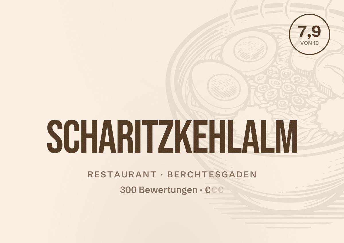 Illustriertes Poster von Scharitzkehlalm, Restaurant in Berchtesgaden: Bewertung 7,9 von 10 aus 300 Bewertungen, Preisniveau €