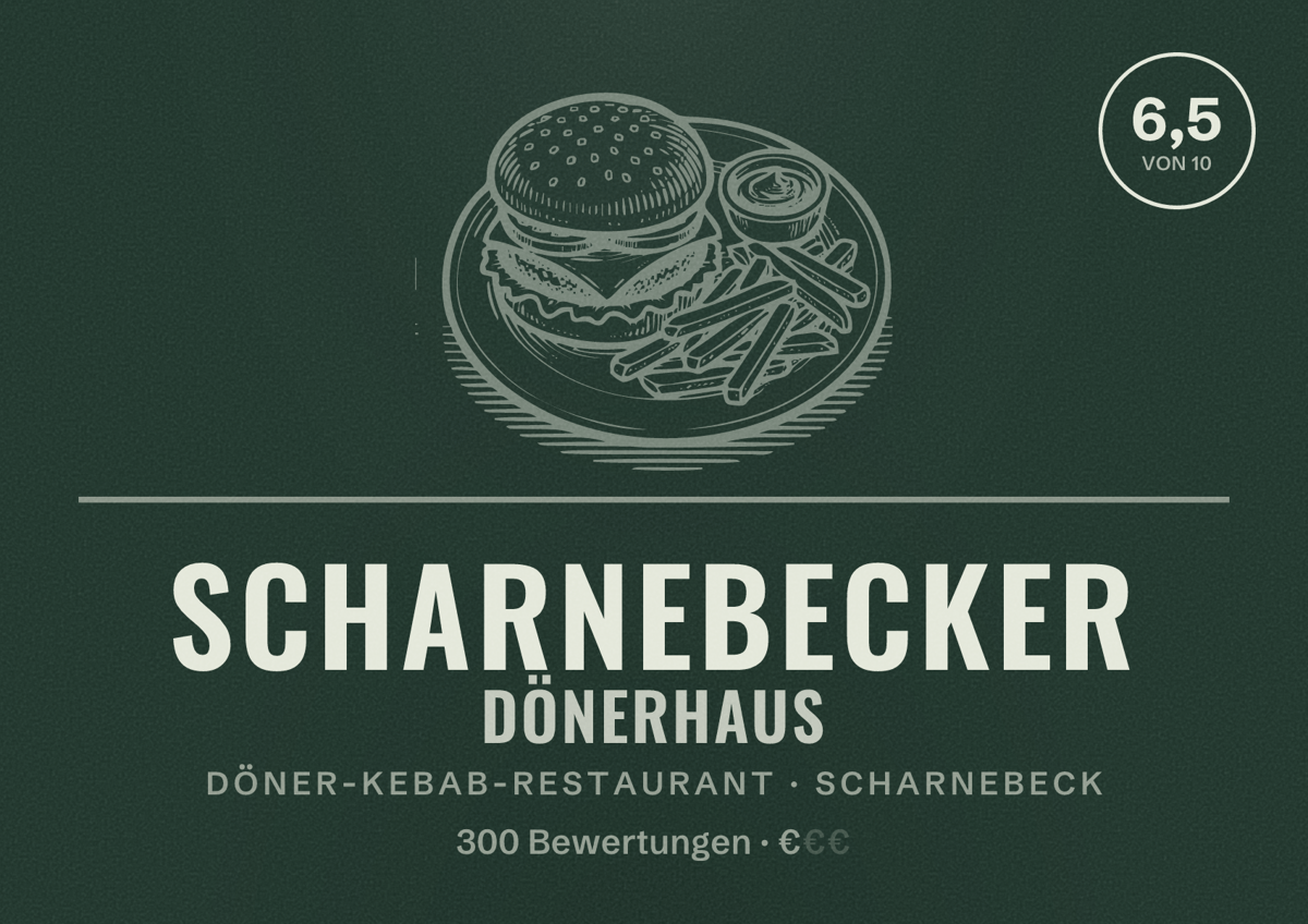 Illustriertes Poster von Scharnebecker Dönerhaus, Döner-Kebab-Restaurant in Scharnebeck: Bewertung 6,5 von 10 aus 300 Bewertungen, Preisniveau €