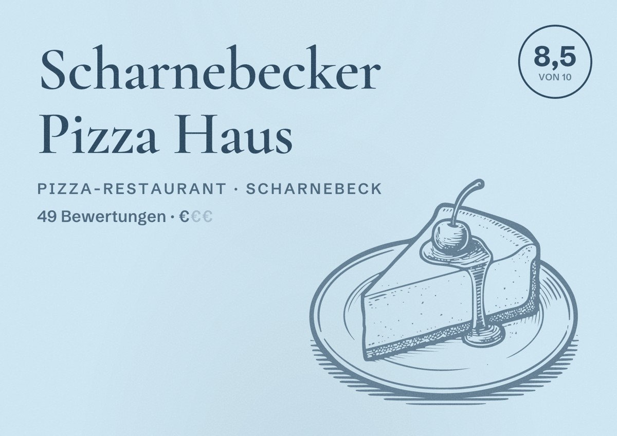 Illustriertes Poster von Scharnebecker Pizza Haus, Pizza-Restaurant in Scharnebeck: Bewertung 8,5 von 10 aus 49 Bewertungen, Preisniveau €