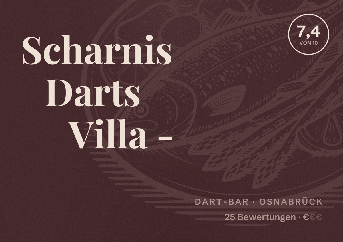 Illustriertes Poster von Scharnis Darts Villa -, Dart-Bar in Osnabrück: Bewertung 7,4 von 10 aus 25 Bewertungen, Preisniveau €