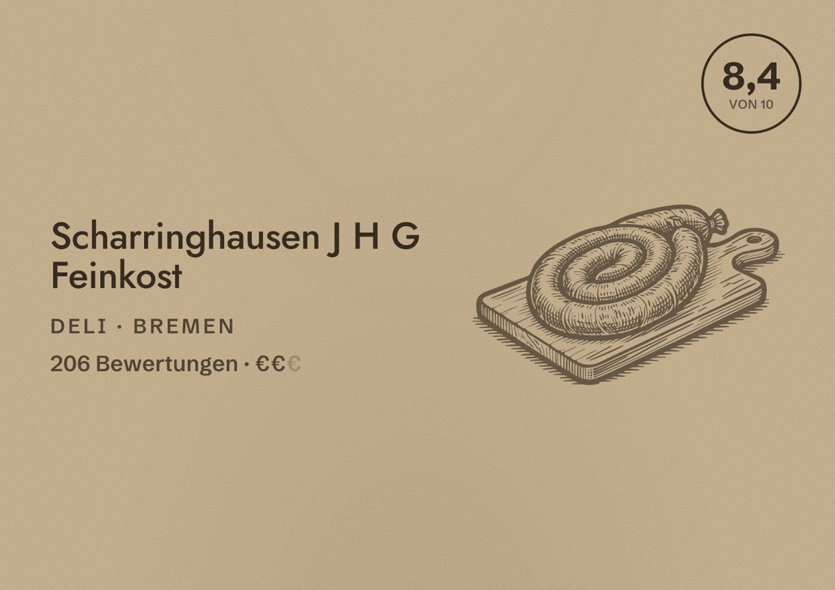 Illustriertes Poster von Scharringhausen J H G Feinkost, Deli in Bremen: Bewertung 8,4 von 10 aus 206 Bewertungen, Preisniveau €€