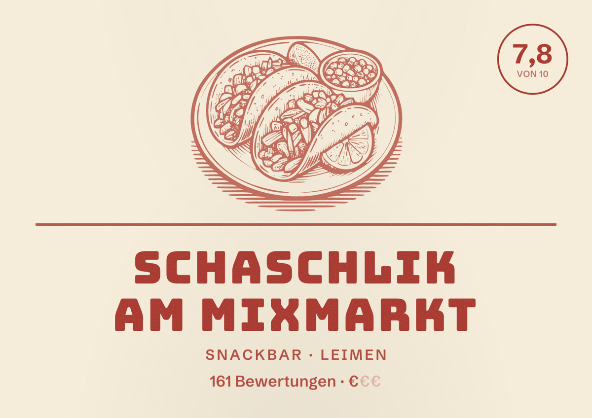 Illustriertes Poster von Schaschlik am Mixmarkt, Snackbar in Leimen: Bewertung 7,8 von 10 aus 161 Bewertungen, Preisniveau €