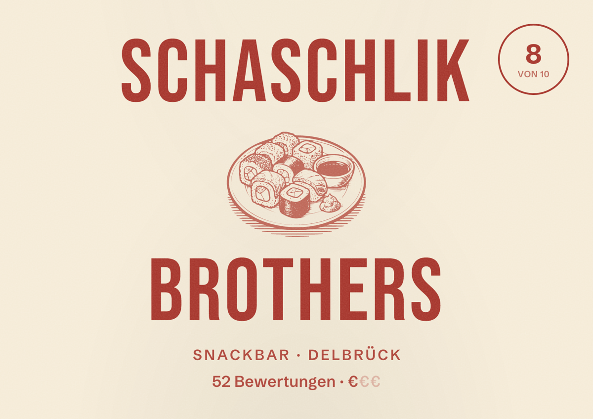 Illustriertes Poster von Schaschlik Brothers, Snackbar in Delbrück: Bewertung 8 von 10 aus 52 Bewertungen, Preisniveau €