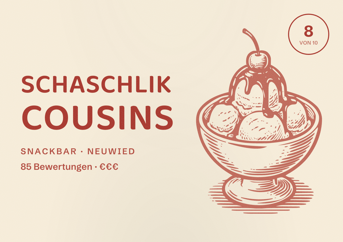 Illustriertes Poster von Schaschlik Cousins, Snackbar in Neuwied: Bewertung 8 von 10 aus 85 Bewertungen, Preisniveau €€€