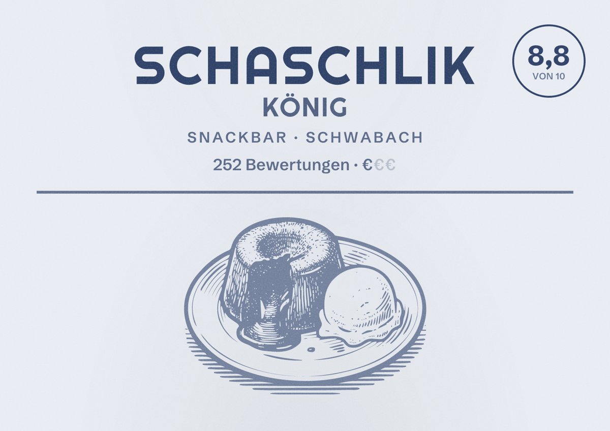 Illustriertes Poster von Schaschlik König, Snackbar in Schwabach: Bewertung 8,8 von 10 aus 252 Bewertungen, Preisniveau €